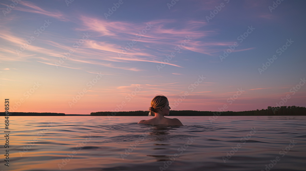 Swimmer gazing at sunset sky floating on calm water
