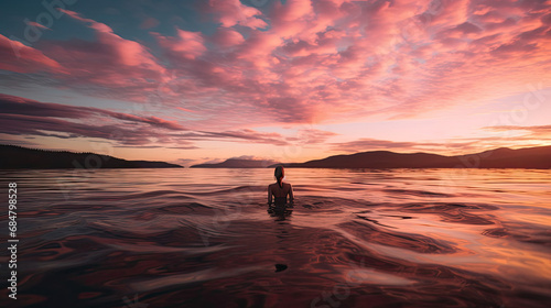 Serene sunset swim back floating swimmer tranquil water