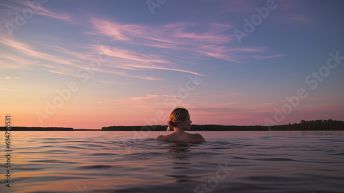Swimmer gazing at sunset sky floating on calm water © javier