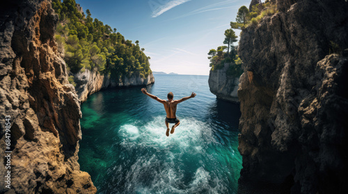 Exhilarating cliff dive into crystal-clear pool vibrant nature scene