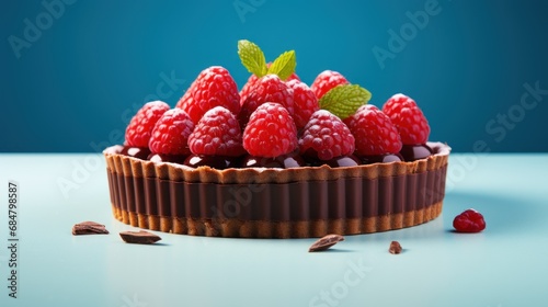  a chocolate tart topped with raspberries and mints on top of a light blue table with a blue background.