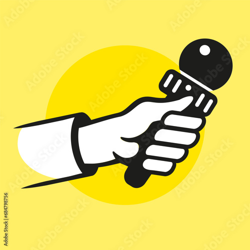 Hand holding microphone line icon. Microphone for news, broadcasting live news, vector illustration