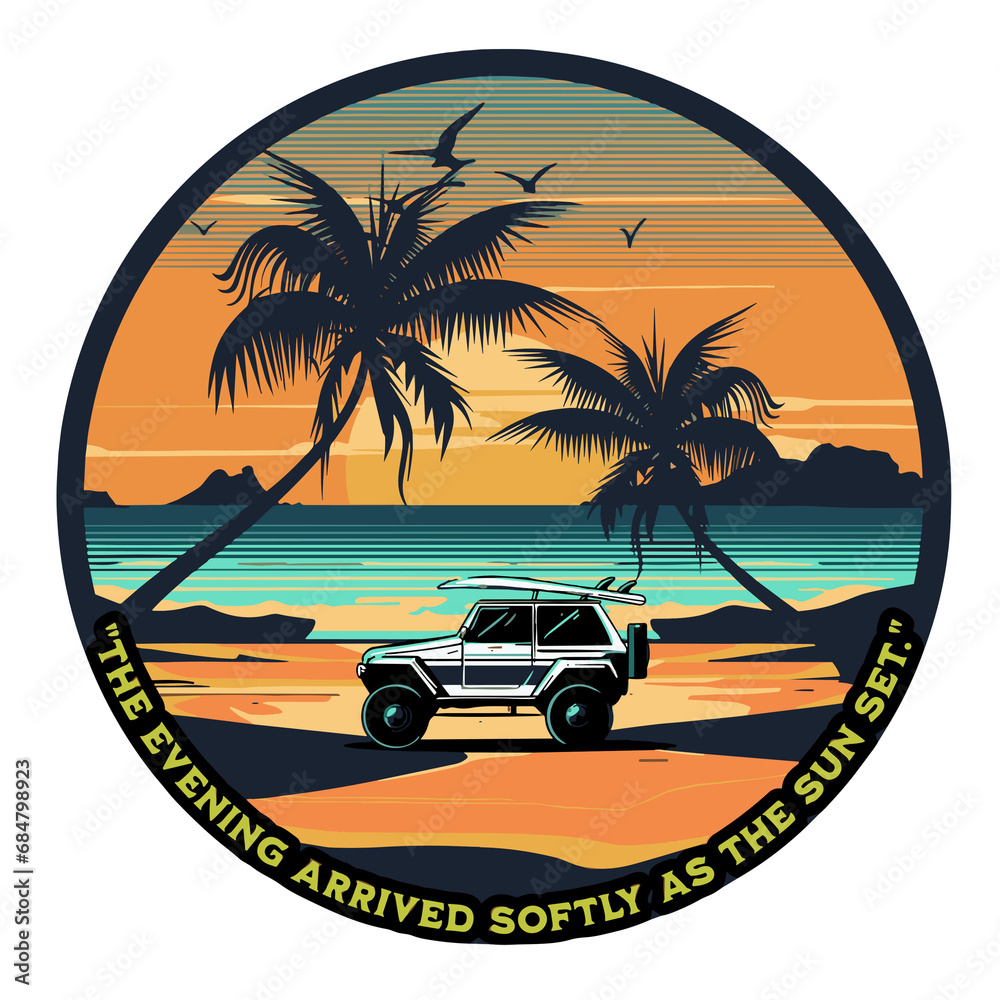 Sunset logo badges on black background graphics for t-shirts and other print production.