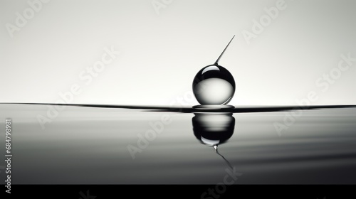  a black and white photo of a drop of water with the reflection of the drop on the surface of the water.
