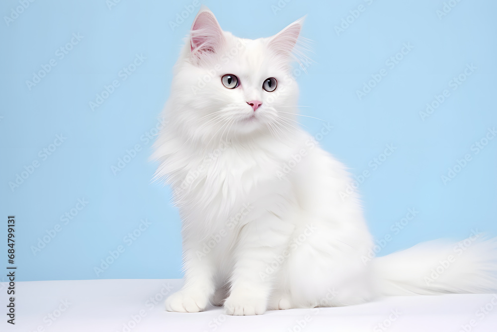 Elegante Schönheit: Weiße Katze in purer Anmut vor einem minimalistischen, strahlend weißen Hintergrund