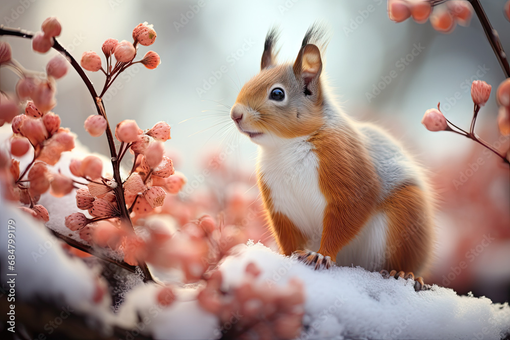 A squirrel sitting on top of snow covered ground A squirrel sitting on top of snow covered ground