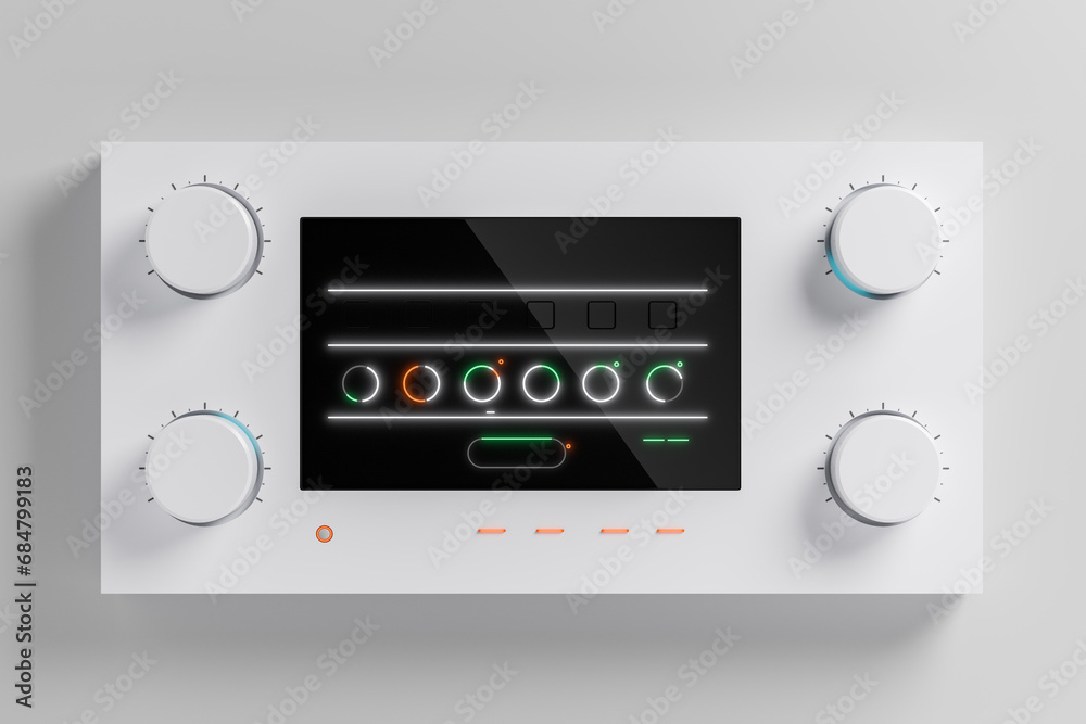 Fototapeta premium A 3D render mockup featuring a minimalist-styled electronics console adorned with switches, buttons, and dials, exuding a sleek and modern design