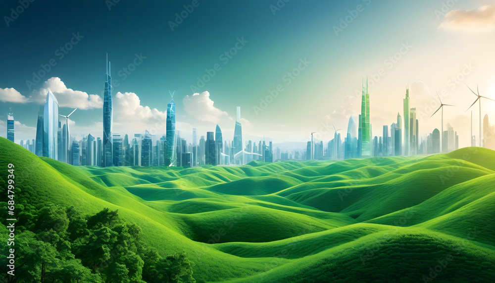 landscape with green grass and blue sky and skyscrapers