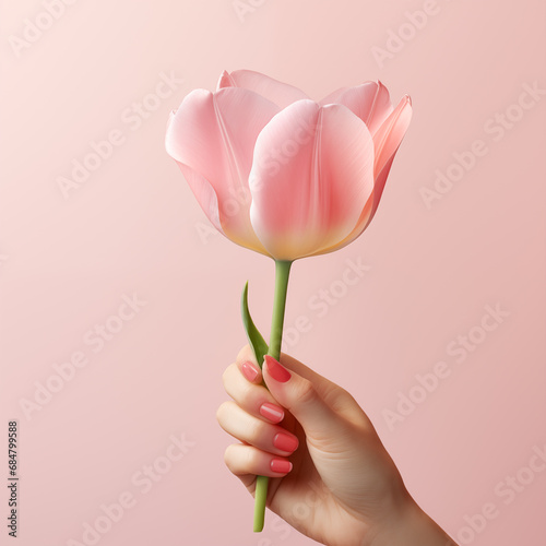 Female hand holding a tulip on pink background, Generative AI