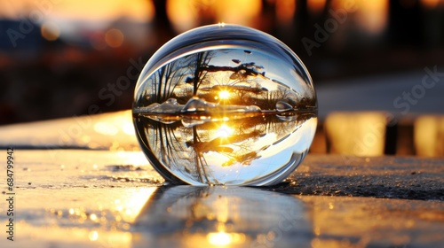  a glass ball with a reflection of a boat in it is sitting on the ground with a reflection of a tree in it.
