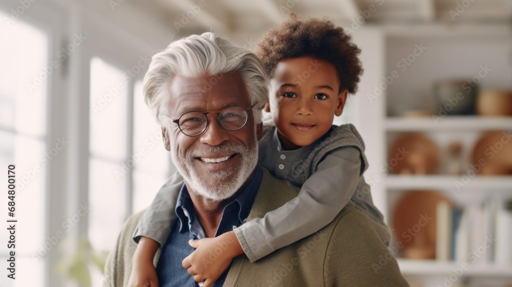 Obraz premium The joyful scene of a grandfather and grandson sharing a piggyback ride at home.