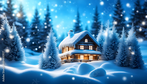 Christmas and winter background details of fir forest with ice with magical fairy tale house,