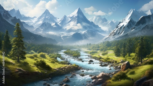  a painting of a mountain landscape with a river in the foreground and pine trees on the other side of the river.