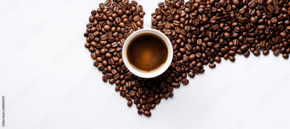 Concept of a top view of a cup of coffee standing on coffee beans forming a heart shape. Concept of a top view of a cup of coffee standing on coffee beans forming a heart shape.