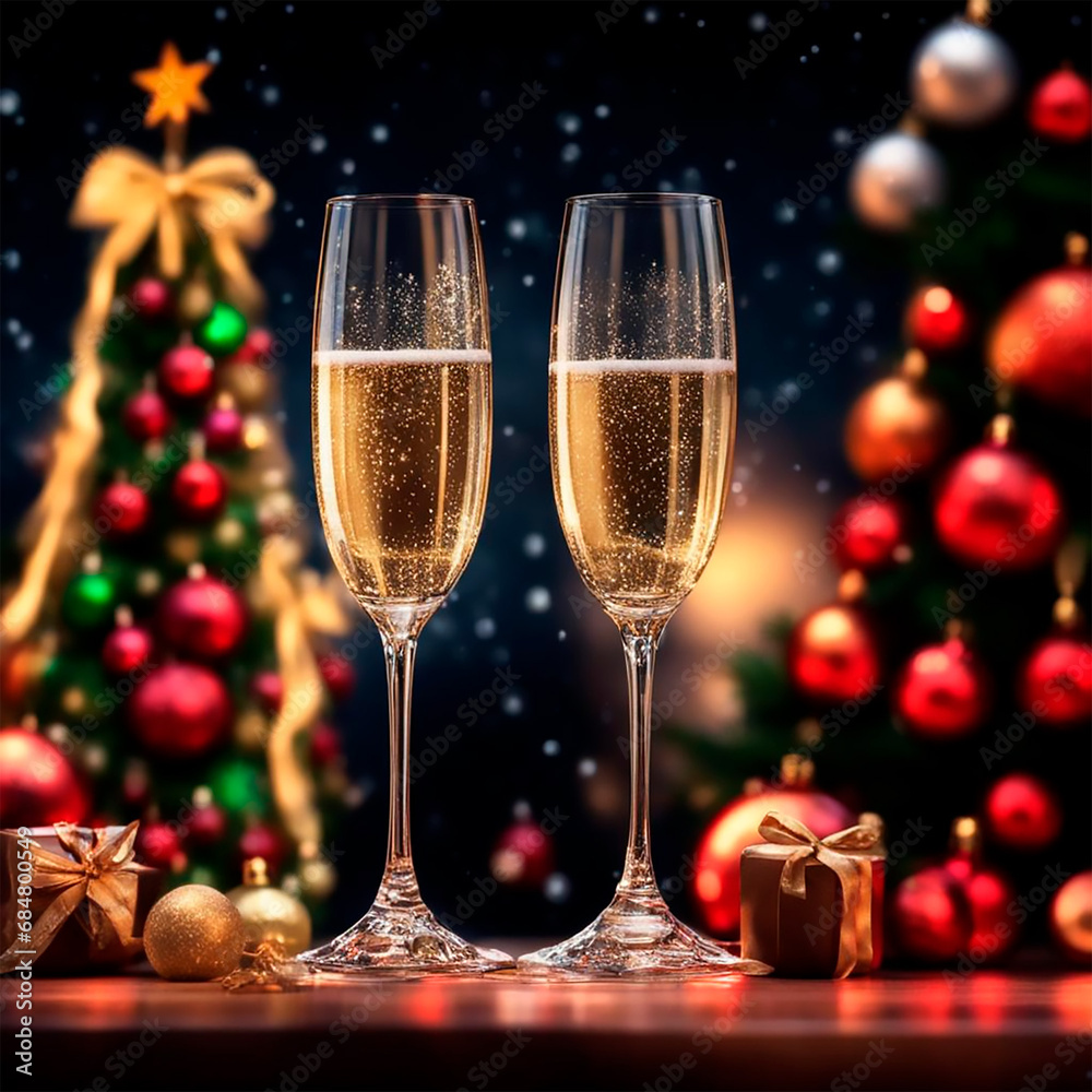 A decorated christmas dining table with champagne glasses and christmas tree in background A decorated christmas dining table with champagne glasses and christmas tree in background