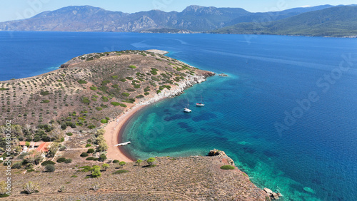 Aerial drone photo of paradise secluded small island complex of Alkyonides in Corinthian gulf with paradise beaches perfect for sail boat and yacht anchorage, Greece photo