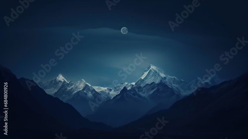  a view of a mountain range at night with the moon in the sky and the moon behind the mountain range.