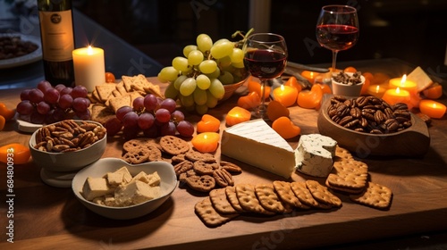 A tabletop with a heart-shaped cheese board and an array of tasty snacks.
