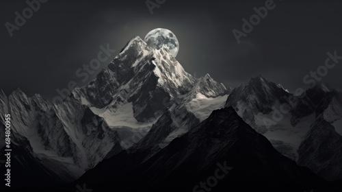  a black and white photo of the top of a mountain with a full moon in the sky over the top of it.