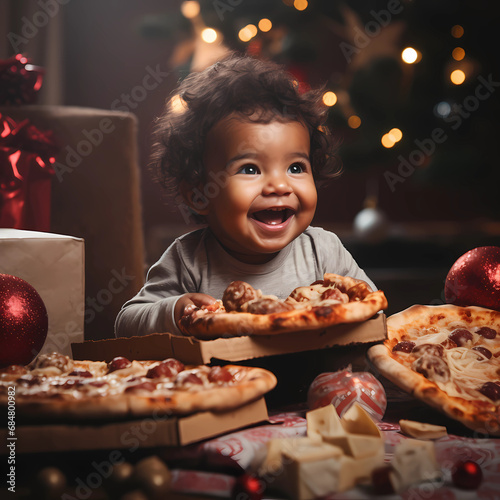 A cute brown baby eating pizzas ad for Christmas.