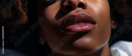 Top view of a beautiful sensual black woman getting sexual pleasure, erotica and orgasm. Sensual african woman with open mouth and closed eyes enjoying lying in bed for sex. Generative ai photo