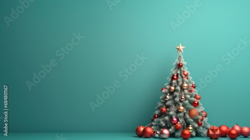  a white christmas tree with red and gold ornaments on a blue background with a star on the top of it.