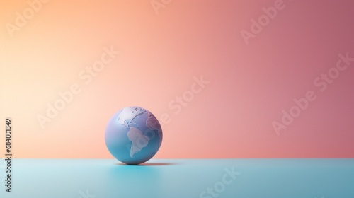  a blue and white egg with a map of the world on it's side on a blue and pink background.