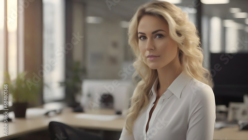 Free Download Portrait of beautiful woman sitting at conference table, with long golden hair, white blouse, successful boss - GFXLoad