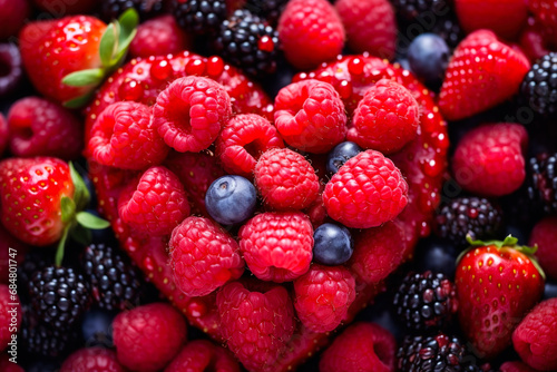 Concept of different berries forming a heart shape.