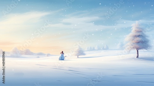  a painting of a snowy landscape with a snowman in the foreground and a pine tree in the background. © Anna