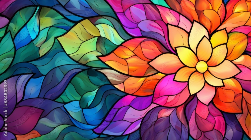 Stained glass window background with colorful Flower  abstract.