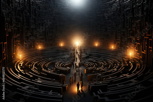 A group of people standing in the middle of a maze