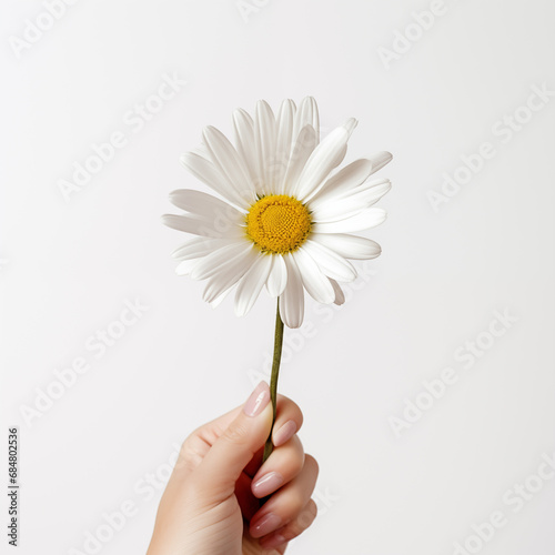 Female hand holding a daisy flower on white background, Generative AI