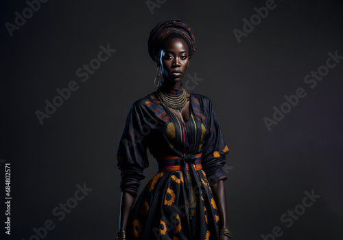 Beautiful black woman with stunning ethnic outfit. Copy space