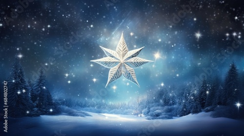  a snowflaked star in the middle of a snowy landscape with pine trees and stars in the sky.