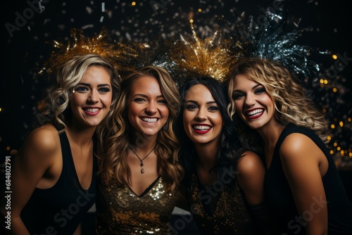 New Year Celebration. Joyful Women Toasting Champagne Surrounded by Sparkling Fireworks