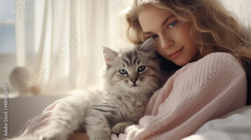 portrait of young woman holding cat indoor shoot female hugging her pet