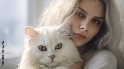 portrait of young woman holding cat,indoor shoot female hugging her pet