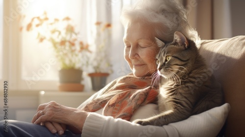 portrait of senior woman holding cat,indoor shoot female hugging her pet photo