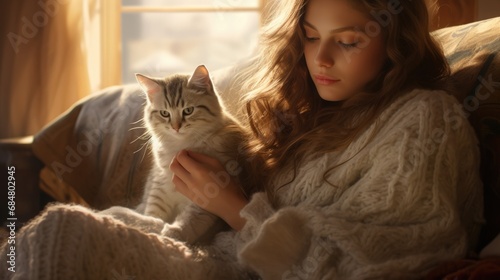 portrait of young woman holding cat,indoor shoot female hugging her pet