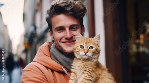 portrait of young guy holding cat,indoor shoot man hugging pet