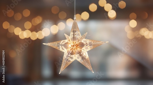  a glass star ornament hanging from a string in a room with boket lights in the background.