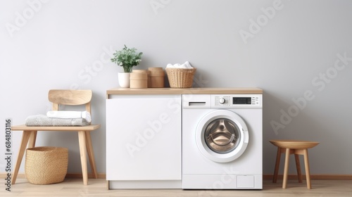 Washing machines in a clean organized neat utility laundry room photo