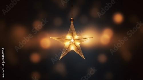  a gold star ornament hanging from a string on a black background with a blurry boke of lights.