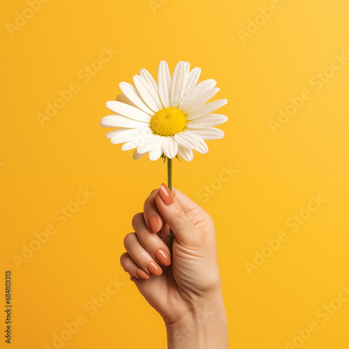 Female hand holding a daisy flower on yellow background, Generative AI