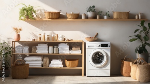 Washing machines in a clean organized neat utility laundry room