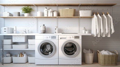 Washing machines in a clean organized neat utility laundry room