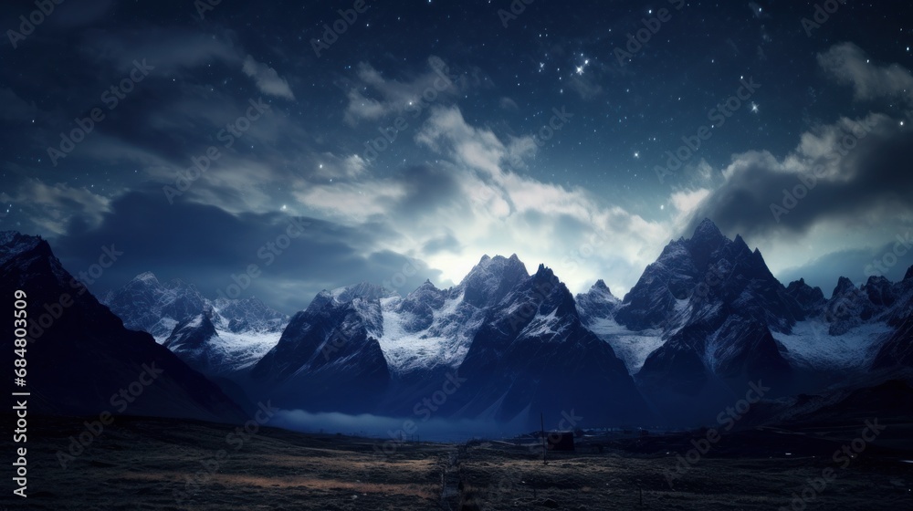  a night scene of a mountain range with the moon in the sky and stars in the sky over the mountains.