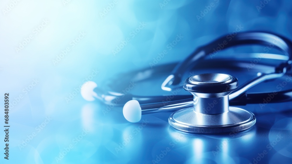 a stethoscope laying on top of a table next to a blue and white background with a blurry image of a stethoscope. a stethoscope laying on top of a table next to a blue and white background with a blurry image of a stethoscope.