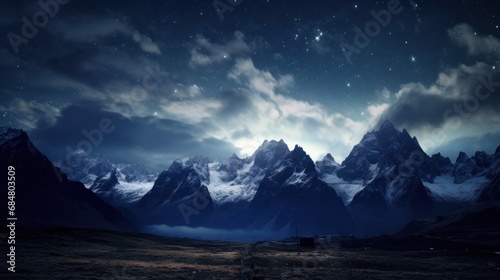  a night scene of a mountain range with the moon in the sky and stars in the sky over the mountains.